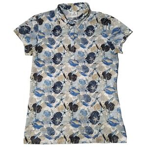 DAILY SPORTS Women Large Blue Seashells Starfish AOP Golf Polo Shirt EUC
